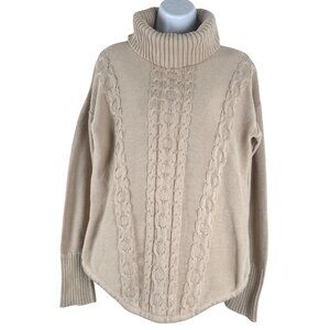 L.L. Bean Fisherman Sweater Womens Medium Cable‎ Knit Beige Turtleneck FS-1363